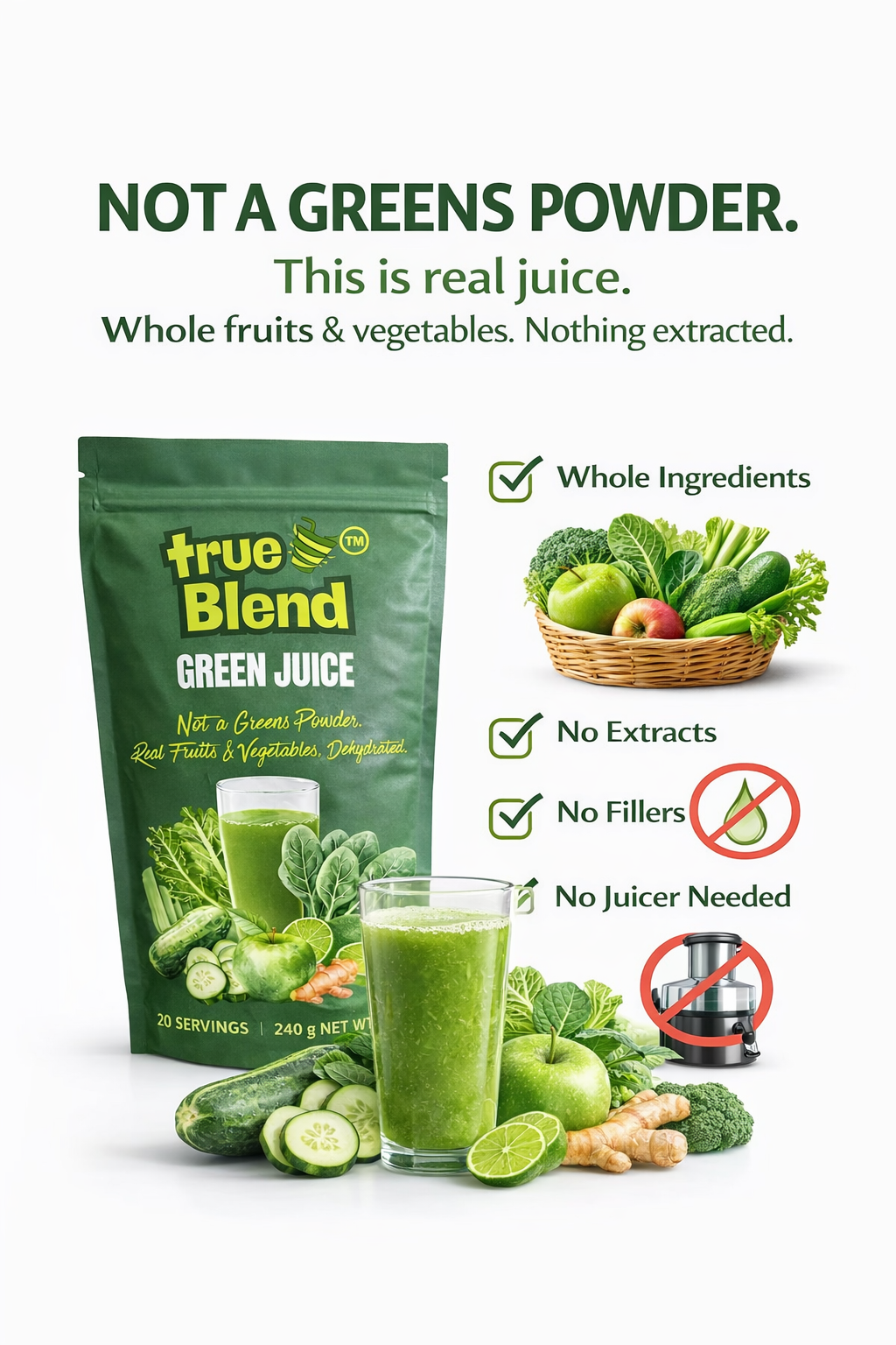 TrueBlend Green Juice – Whole Fruit & Vegetable Powder (240 g Pouch | 20 Servings)